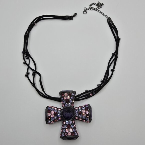 Vintage Black-tone Metal Purple & Pink Crystal Maltese Cross on Triple Cord - Picture 1 of 3